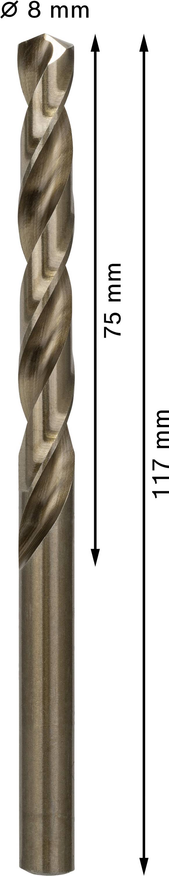 Wiertło o średnicy 8 mm, długość całkowita 117 mm, długość użytkowa 75 mm.