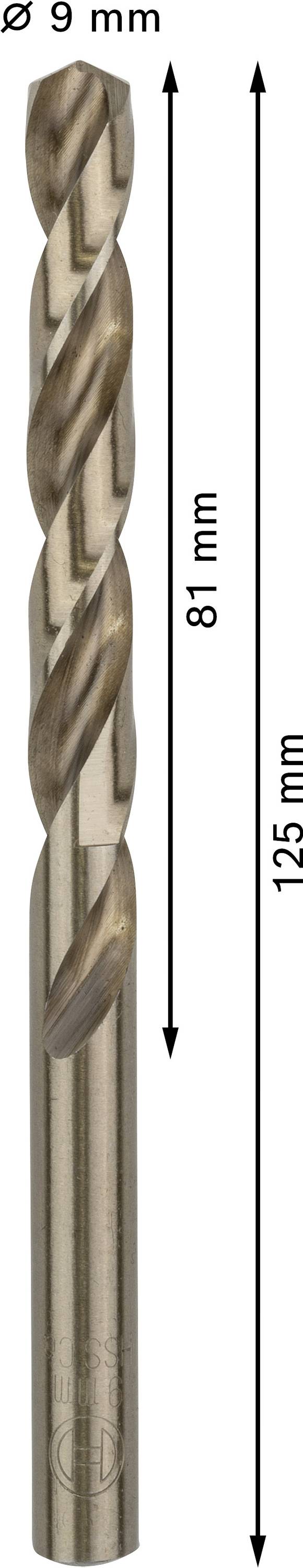 Wiertło o średnicy 9 mm, długość całkowita 125 mm, długość części tnącej 81 mm, spiralny kształt. Odpowiednie do precyzyjnych prac wiertniczych.
