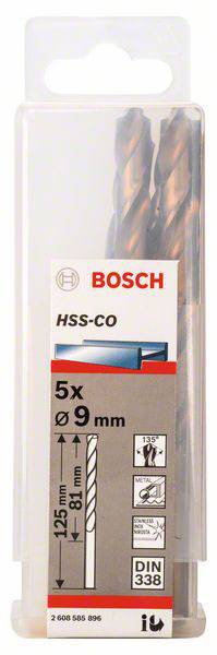 Opakowanie zawiera 5 wierteł Bosch HSS-Co, średnica 9 mm, długość 125 mm, specjalnie przeznaczonych do obróbki metalu.