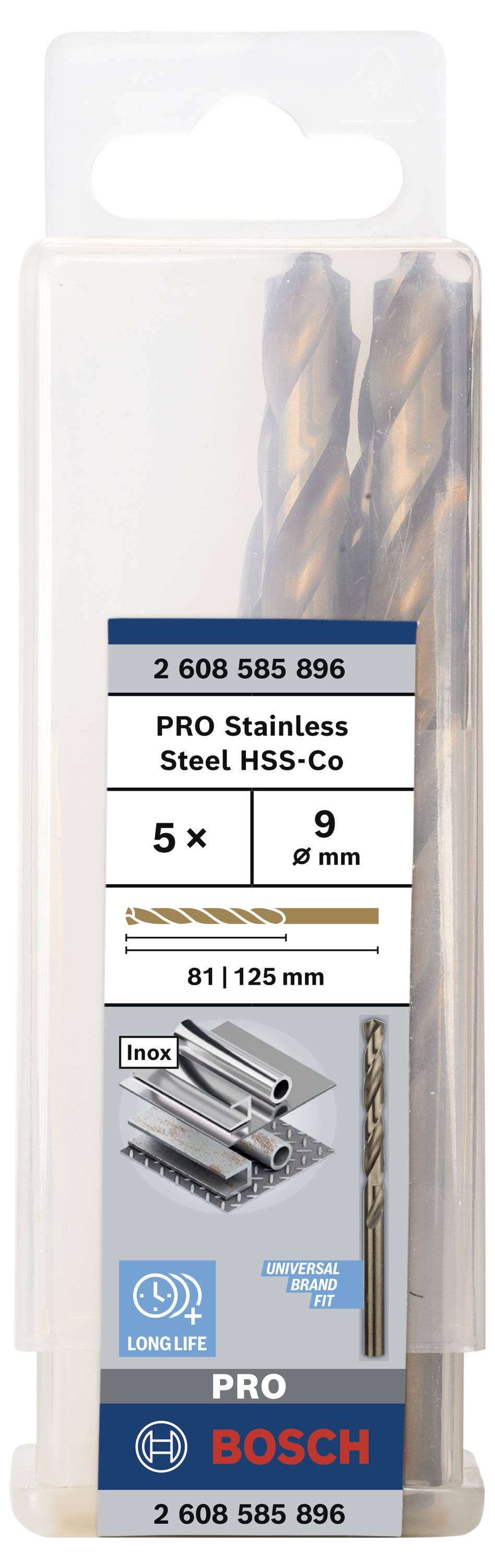Zestaw wierteł Bosch do stali nierdzewnej, HSS-Co, 5 sztuk, 9 mm. Opakowanie przedstawia opis produktu, zdjęcie wierteł i materiały zastosowania.