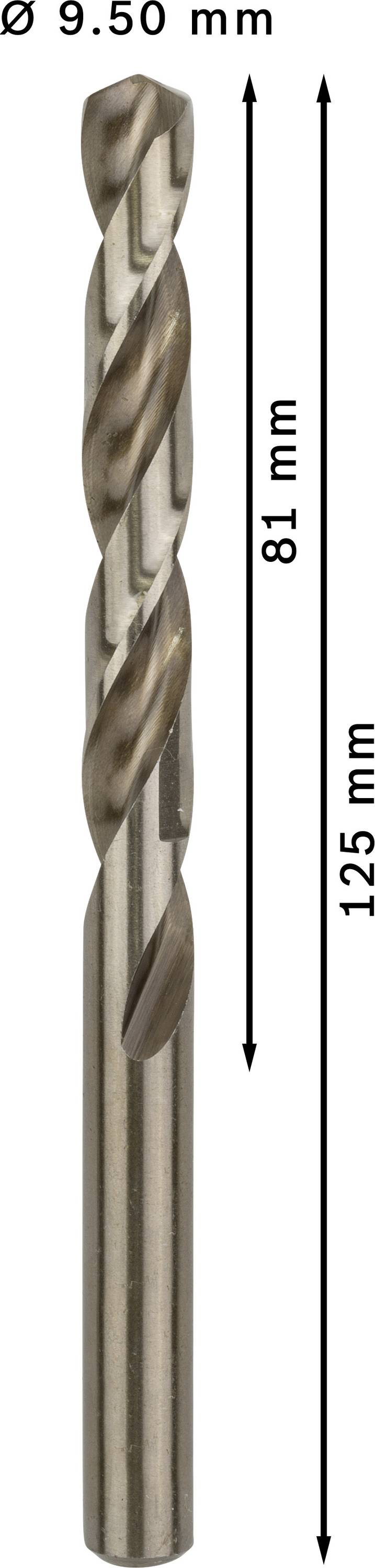 Wiertło do metalu o średnicy 9,50 mm i całkowitej długości 125 mm, z czego 81 mm to długość użytkowa.