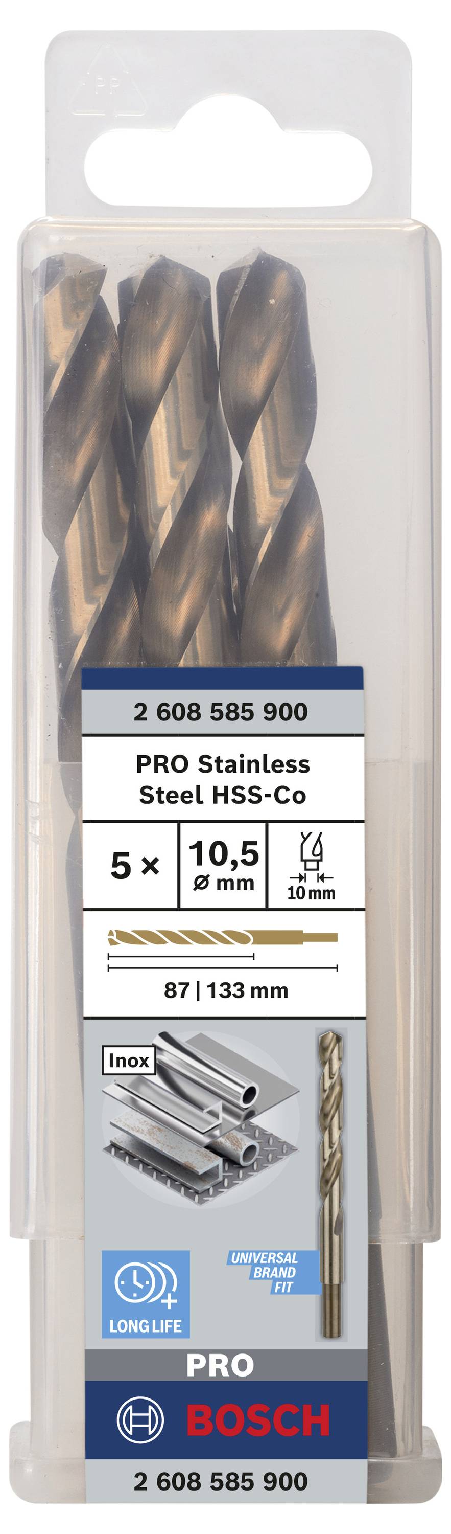 Zestaw wierteł 'PRO Stainless Steel HSS-Co' firmy Bosch. Zawiera 5 wierteł, średnica 10,5 mm, odpowiednie do stali nierdzewnej, opakowanie przedstawia szczegóły produktu.