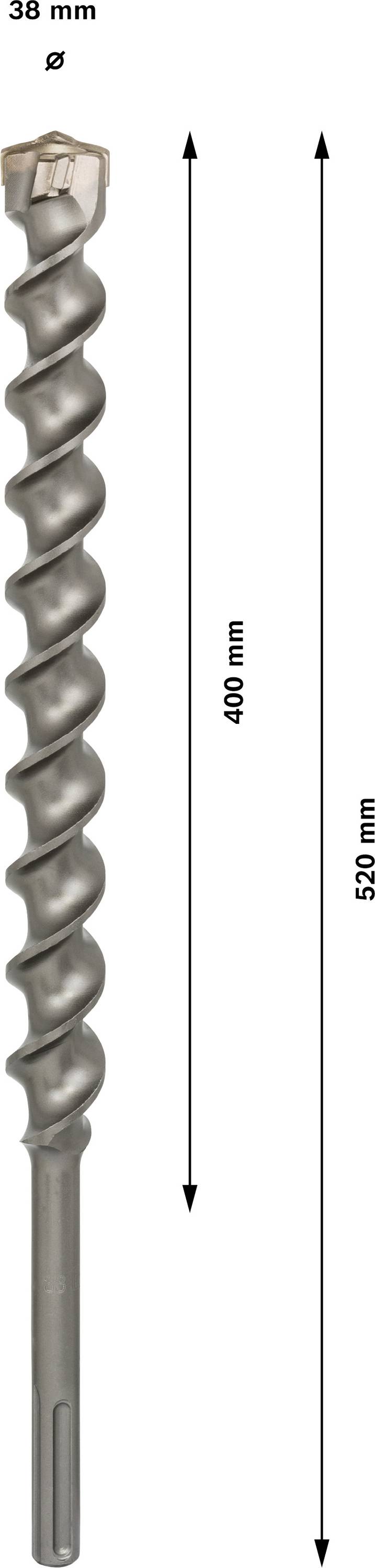 Wiertło o średnicy 38 mm i długości użytkowej 400 mm. Całkowita długość 530 mm.