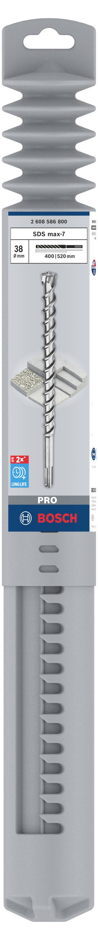 Wiertło w szarym opakowaniu; odpowiednie do betonu i muru. Nazwa marki i ilustracja wiertła na opakowaniu.