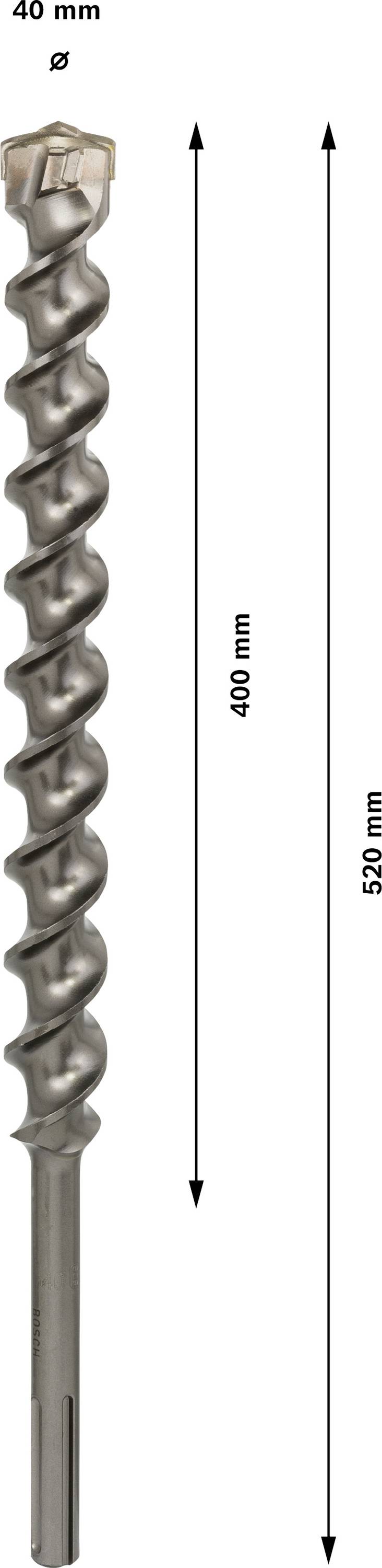 Wiertło o spiralnym wzorze, średnica 40 mm, długość robocza 400 mm, długość całkowita 520 mm.