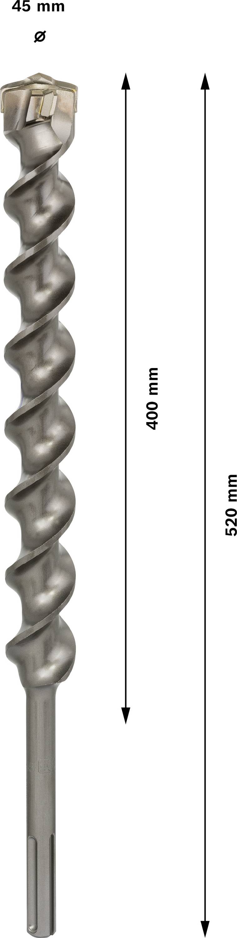 Wiertło o średnicy 45 mm i całkowitej długości 520 mm. Spiralny trzon ma 400 mm. Odpowiednie do prac wiertniczych w projektach budowlanych.