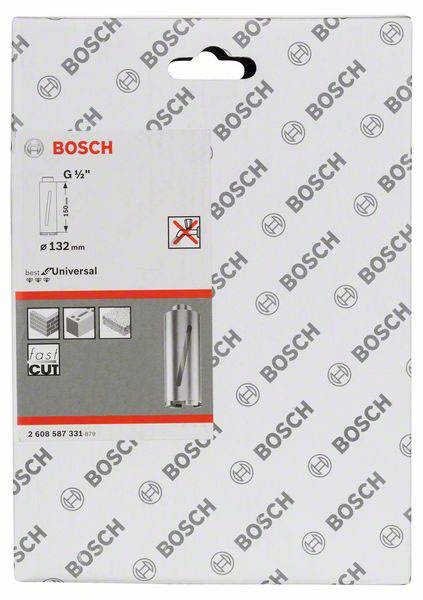 Opakowanie piły diamentowej Bosch do betonu, Ø 132 mm. Prezentuje zdjęcie produktu i technologię 'fast cut', przeznaczoną do uniwersalnego zastosowania.