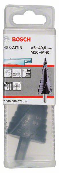 Opakowanie wiertła stopniowego Bosch HSS-AITIN, odpowiedniego do średnic otworów 6-40,5 mm i gwintów M10-M40, z 16 stopniami.