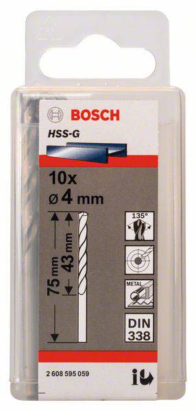 Opakowanie wierteł firmy Bosch. Zawiera 10 wierteł HSS-G o średnicy 4 mm, długości 75 mm, długości ostrza 43 mm. Odpowiednie do obróbki metalu, zgodnie z normą DIN 338.