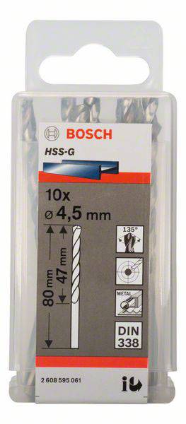 Zestaw wierteł Bosch, 10 sztuk, średnica 4,5 mm, długość 80 mm, odpowiednie do metalu, zgodne z normą DIN 338.