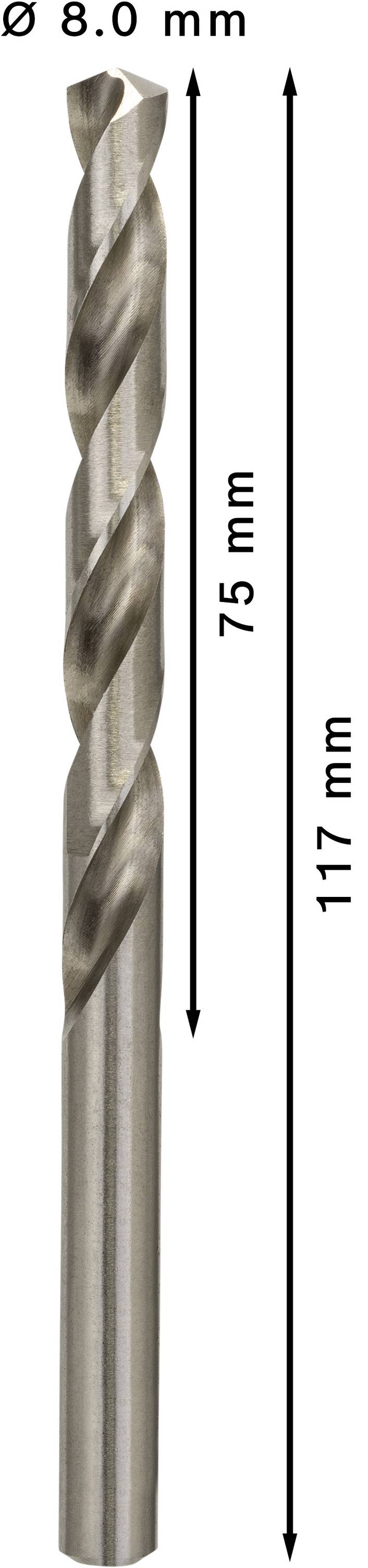 Na ilustracji przedstawiono wiertło do metalu o średnicy 8,0 mm. Długość robocza wynosi 75 mm, a długość całkowita 117 mm.