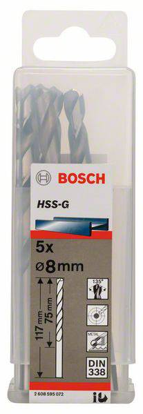 Zestaw wierteł Bosch, 5-elementowy, 8 mm, HSS-G do metalu, w przezroczystym opakowaniu z tworzywa sztucznego. Zgodny z normą DIN 338.