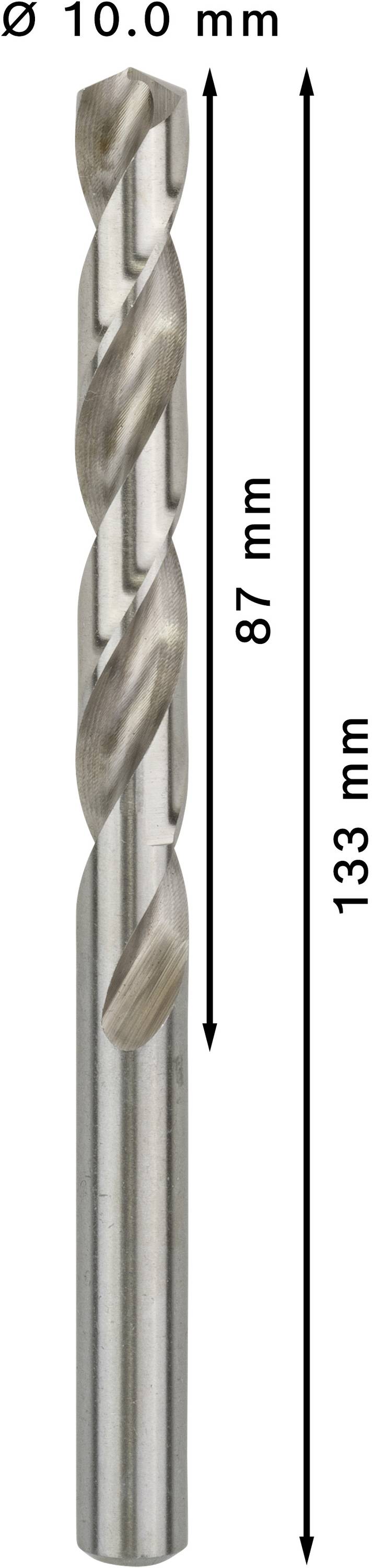 Wiertło ze stali nierdzewnej o średnicy 10,0 mm, całkowitej długości 133 mm i długości wiercącej 87 mm.