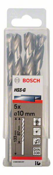 Zdjęcie przedstawia opakowanie wierteł Bosch HSS-G, 5 sztuk, o średnicy 10 mm. Nadruki: długość wiercenia 133 mm, typ DIN 338.
