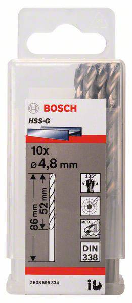 Zestaw wierteł Bosch HSS-G z 10 sztuk, średnica 4,8 mm, długość 86 mm, część robocza 52 mm, przeznaczony do metalu, zgodny z normą DIN 338.