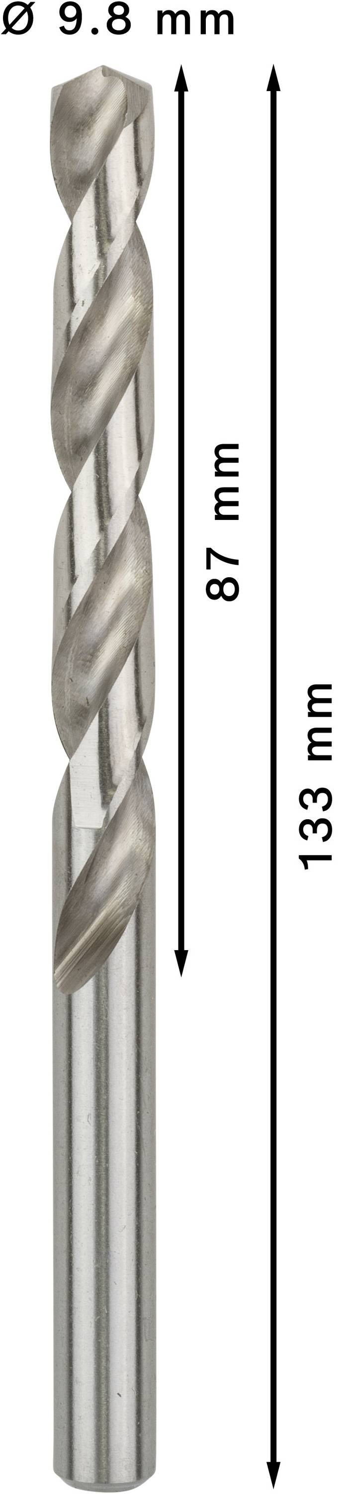 Wiertło o średnicy 9,8 mm; długość całkowita 133 mm, długość użytkowa 87 mm; forma prosta.