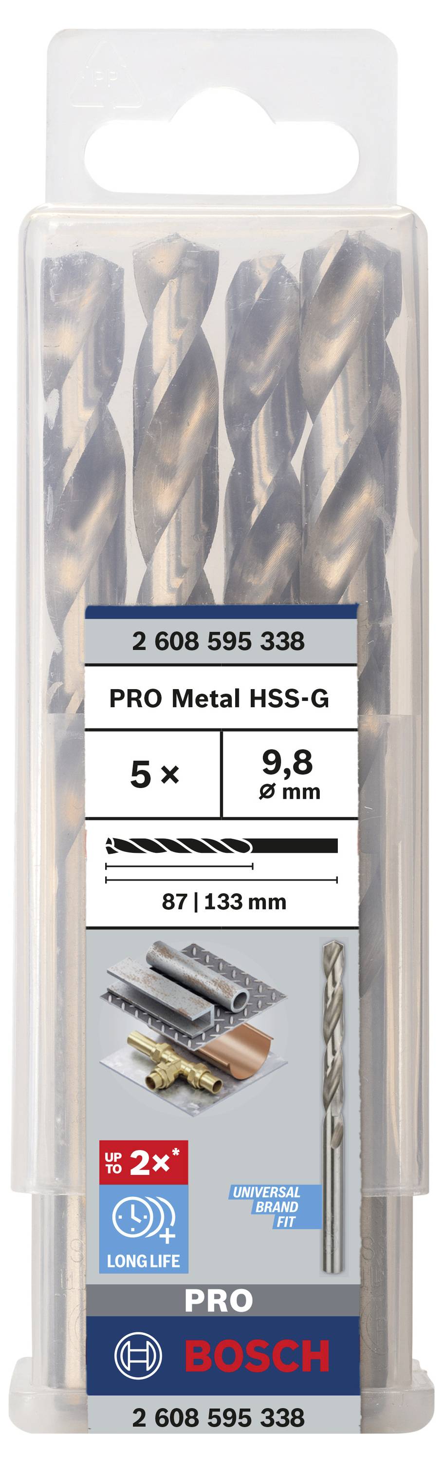 Opakowanie z pięcioma wiertłami spiralnymi Bosch HSS-G, 9,8 mm, do obróbki metalu; przedstawia szczegóły produktu i przykłady zastosowania.