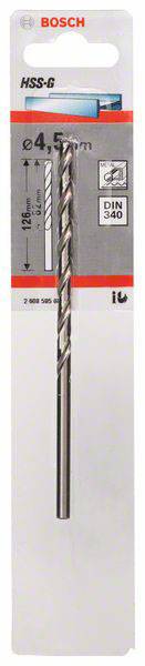 Wiertło Bosch HSS-G, średnica 4,5 mm, długość 125 mm, cylindryczne, norma DIN 340, 1 sztuka.