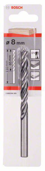 Wiertło Bosch, 8 mm, długość 110 mm, długość robocza 65 mm, stal CV, w opakowaniu z informacjami o produkcie i logo producenta.
