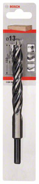 Wiertło 'Bosch CV' w opakowaniu, o średnicy 13 mm, odpowiednie do obróbki metalu. Ilustracja produktu przedstawia szczegóły zastosowania.