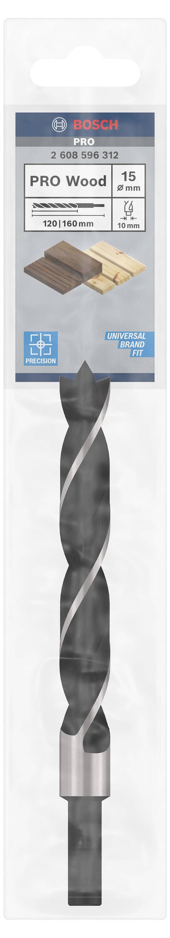 Wiertło do drewna 'Pro Wood' firmy Bosch, średnica 15 mm, odpowiednie do precyzyjnego wiercenia w drewnie. Opakowanie przedstawia możliwości zastosowania.