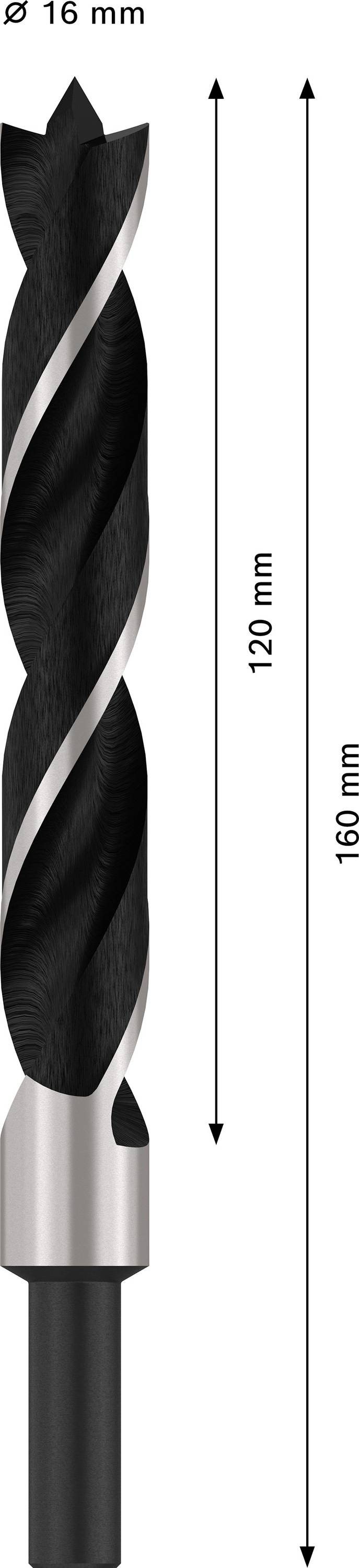 Wiertło o Ø 16 mm, długość całkowita 160 mm, część spiralna 120 mm.