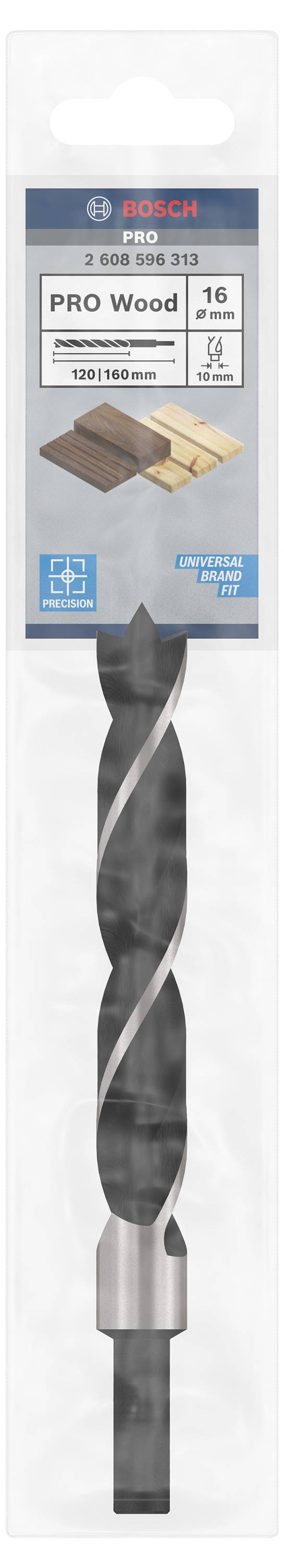 Wiertło do drewna, marka Bosch, średnica 16 mm, w oryginalnym opakowaniu. Opakowanie przedstawia rodzaje drewna i logo certyfikatu.