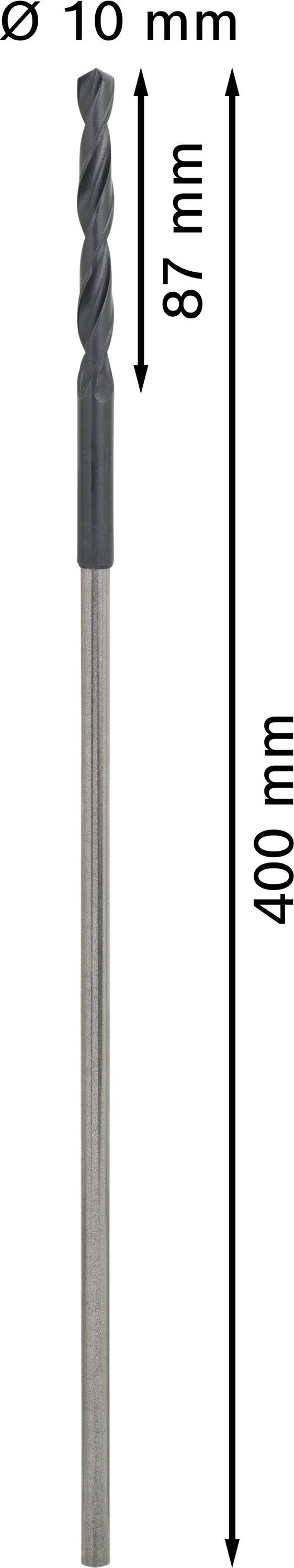 Wiertło o całkowitej długości 400 mm, średnicy 10 mm i długości części skrawającej 87 mm, wraz z wymiarami.