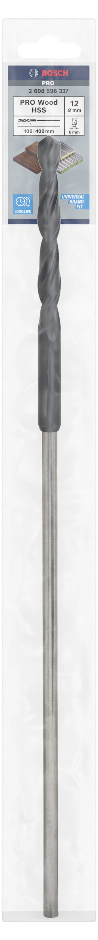 Końcówka wiertarska w opakowaniu, odpowiednia do betonu, stali i granitu. Szczegóły wiertła: średnica 12 mm, długość robocza 450 mm, długość całkowita 600 mm.