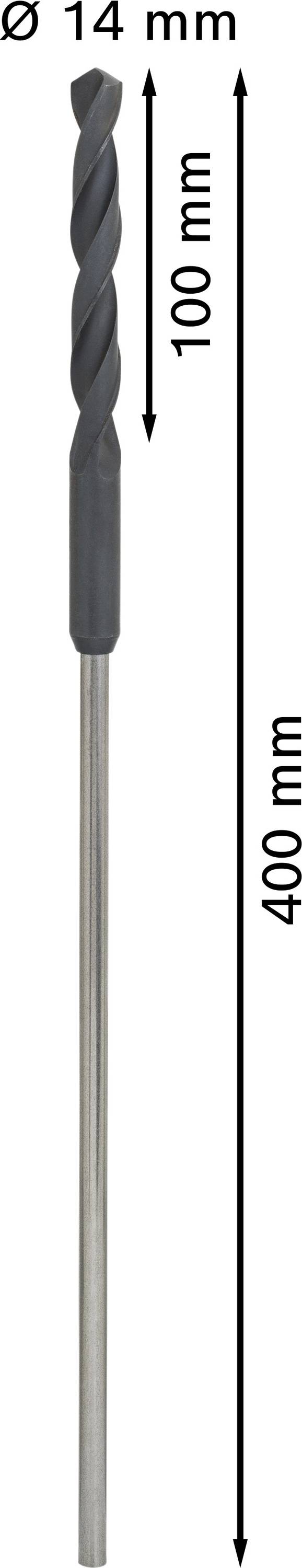 Wiertło, średnica 14 mm, długość 400 mm, ze spiralną częścią wiertniczą 100 mm.