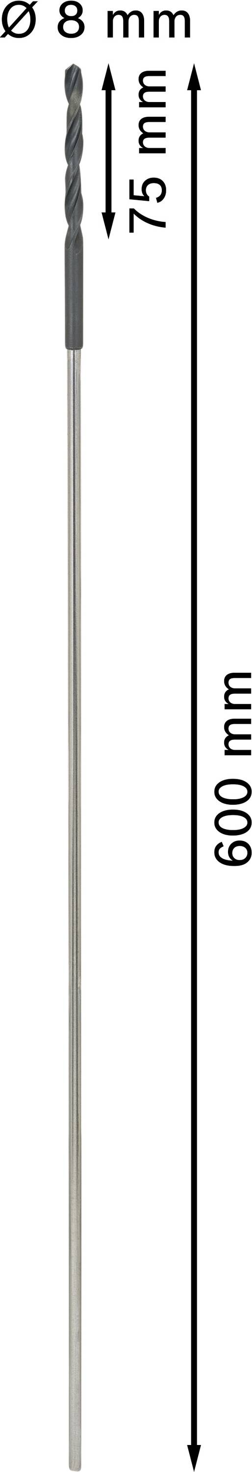Wiertło o średnicy 8 mm i całkowitej długości 600 mm, przy czym część wiercąca ma długość 75 mm.