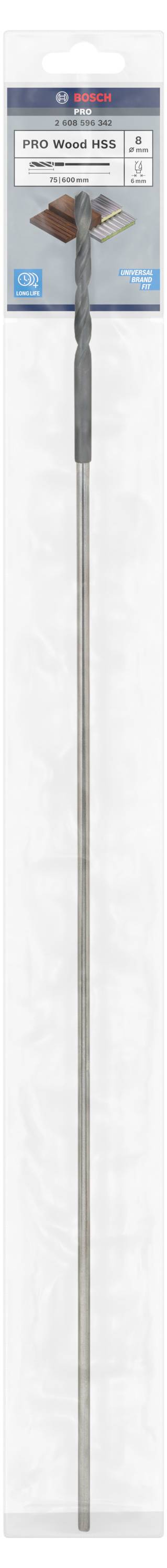 Wiertło Bosch, zapakowane. Zawiera informacje o rozmiarze: 22 mm. Długie i srebrne, zaprojektowane do precyzyjnego wiercenia.