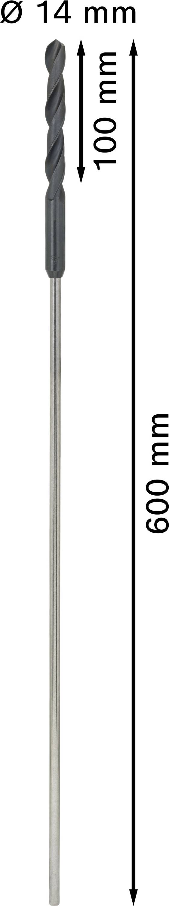 Wiertło uniwersalne o średnicy 14 mm i całkowitej długości 600 mm; długość wiertła wynosi 100 mm.