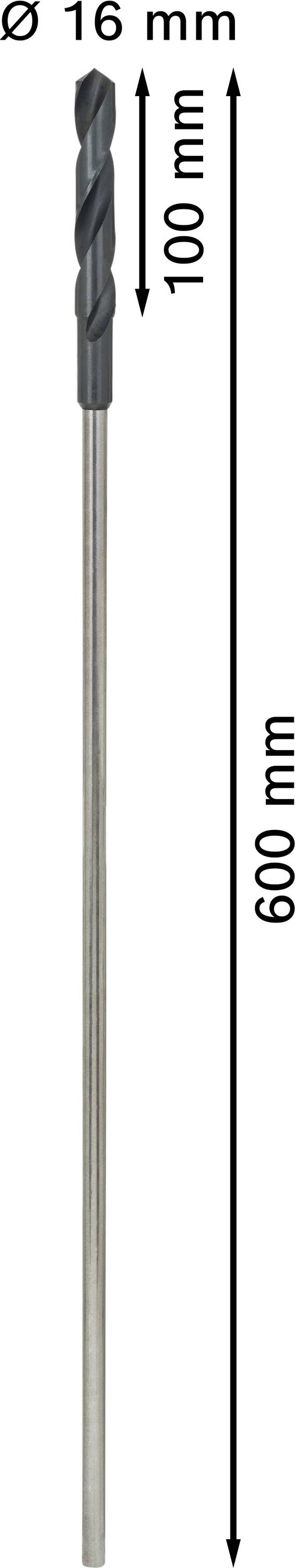 Długie wiertło, 600 mm długości całkowitej, 100 mm część spiralna, średnica 16 mm.