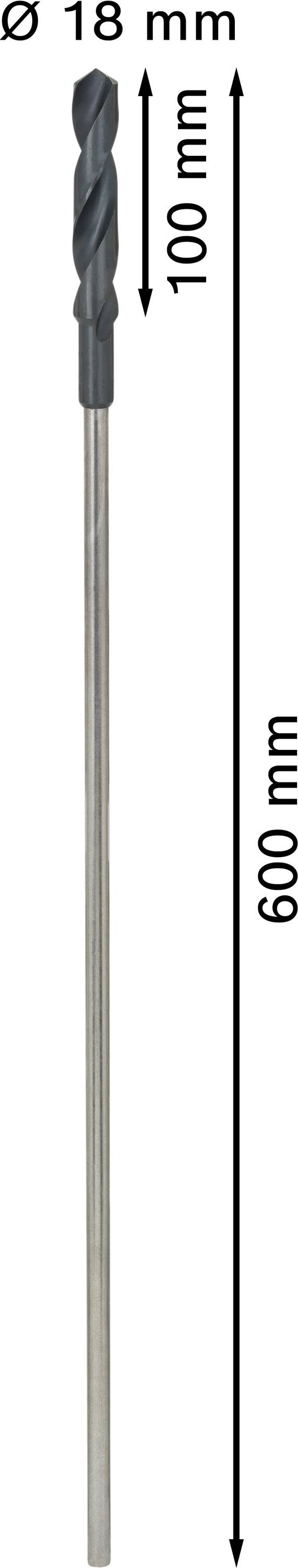 Obraz przedstawia wiertło o długości 600 mm i szerokości 18 mm z długością użytkową 100 mm.