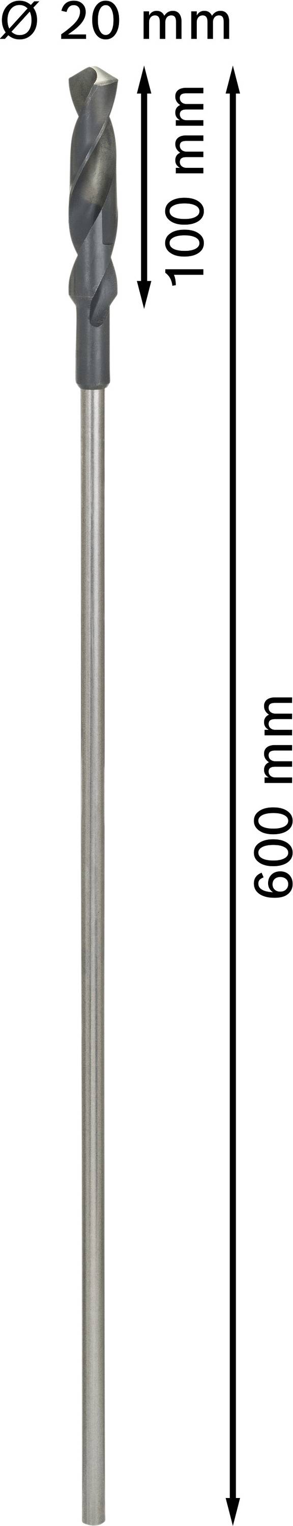 Długie wiertło o średnicy 20 mm i całkowitej długości 600 mm, z czego 100 mm przypada na spiralę.
