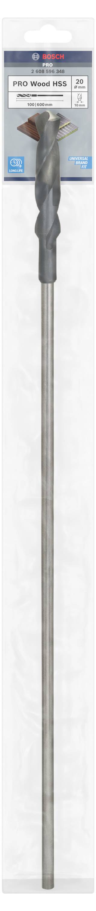 Wiertło z szarą końcówką i długim trzonkiem w przezroczystym opakowaniu. Etykieta pokazuje informacje o produkcie.