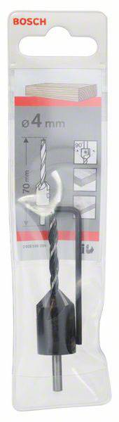 Zestaw wierteł do drewna 'Bosch Pro', średnica 4 mm. Opakowanie prezentuje wiertło z ogranicznikiem głębokości i kluczem sześciokątnym, przeznaczony do precyzyjnych otworów.
