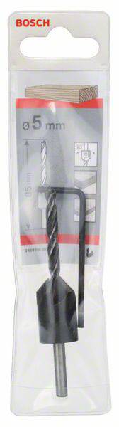 Zestaw wierteł Bosch z wiertłem spiralnym 5 mm i kluczem sześciokątnym w przezroczystym opakowaniu. Odpowiedni do prac w drewnie.
