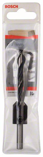 Opakowany wiertarz przegubowy Bosch z wiertłem i kluczem imbusowym, odpowiedni do precyzyjnego wiercenia w drewnie.