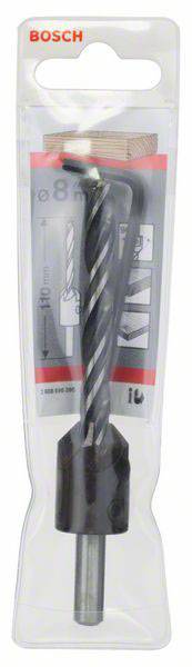Opakowany 8-milimetrowy wiertarz do drewna firmy Bosch, szara spirala z czarnym uchwytem, odpowiedni do prac stolarskich.