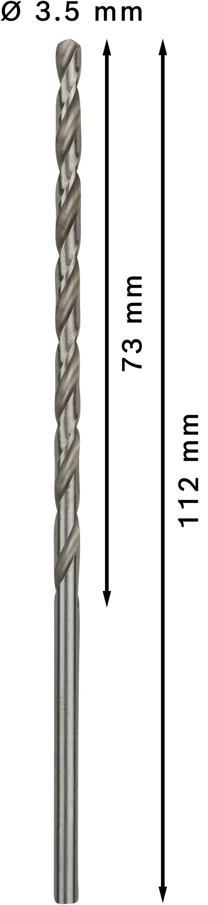 Wiertło o średnicy 3,5 mm, długość całkowita 112 mm, część tnąca 73 mm.