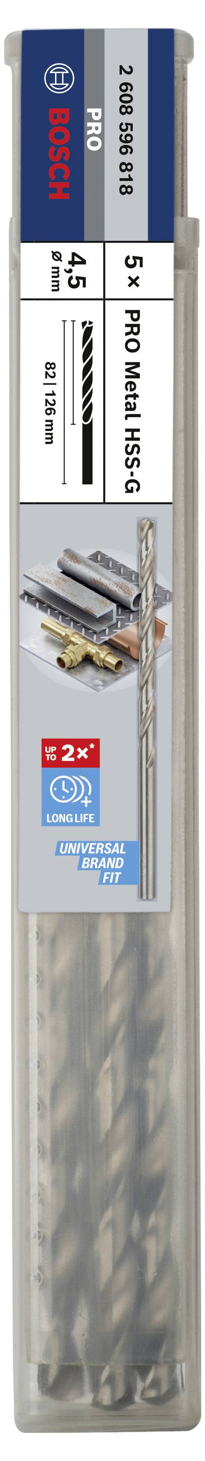 Zestaw wierteł do metalu 'Bosch ProBox HSS-G' z pięcioma wiertłami, średnica 4-10 mm, odpowiedni do różnych metali; zapakowany w plastikowe pudełko.