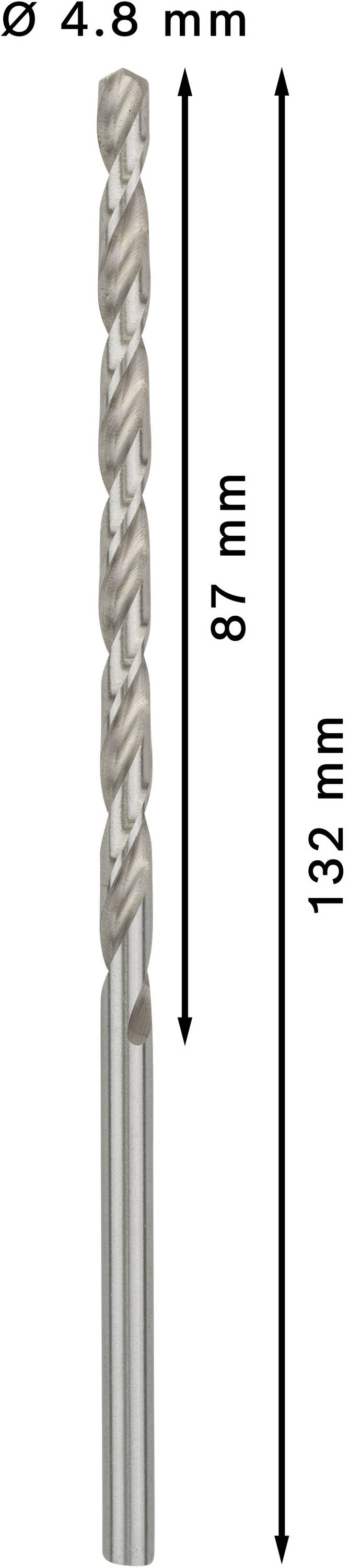 Wiertło o średnicy 4,8 mm. Długość całkowita 132 mm, długość użytkowa 87 mm.
