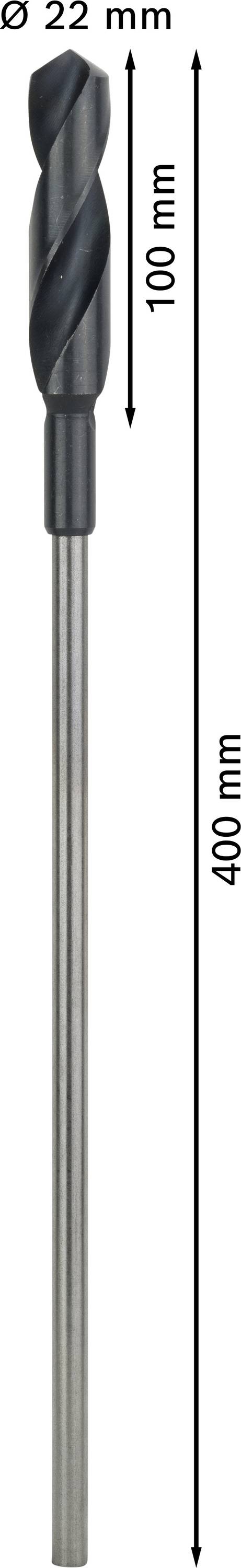 Wiertło o średnicy 22 mm, długości 400 mm, z czego 100 mm spirala.