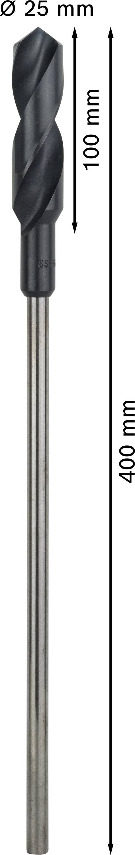 Ilustracja wiertła o średnicy 25 mm i całkowitej długości 400 mm. Część tnąca ma długość 100 mm.
