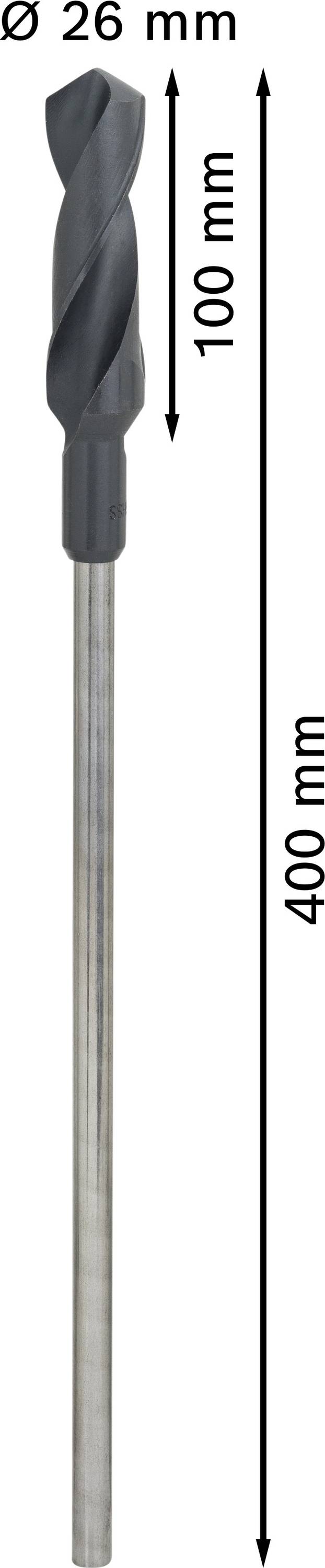 Wiertło o średnicy 26 mm, długości części skrawającej 100 mm i długości całkowitej 400 mm.