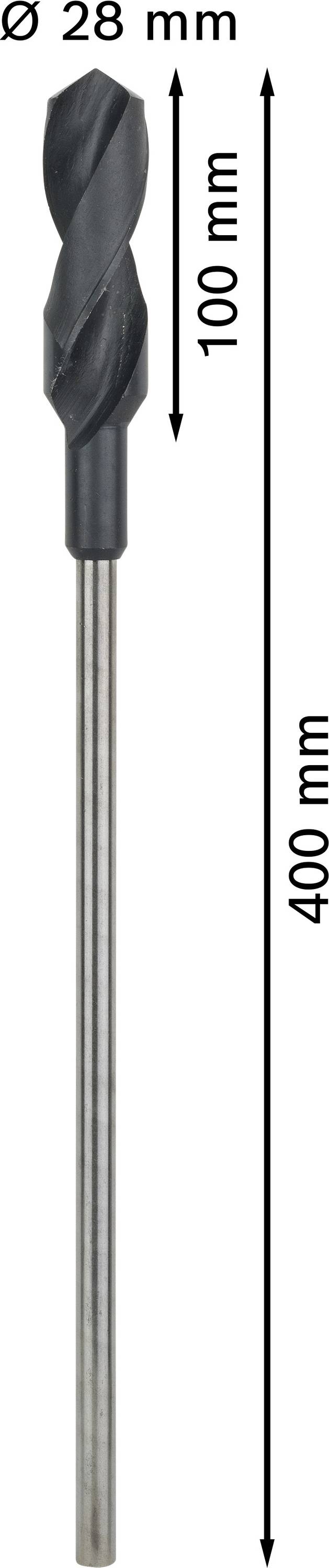Wiertło o średnicy 28 mm, długości roboczej 100 mm i długości całkowitej 400 mm.