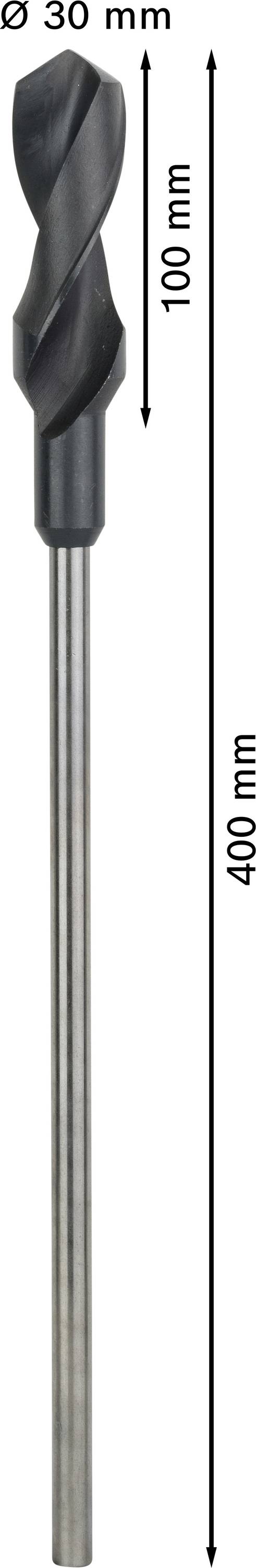 Wiertło o średnicy 30 mm i wymiarze całkowitym 400 mm, ze 100 mm długą końcówką.