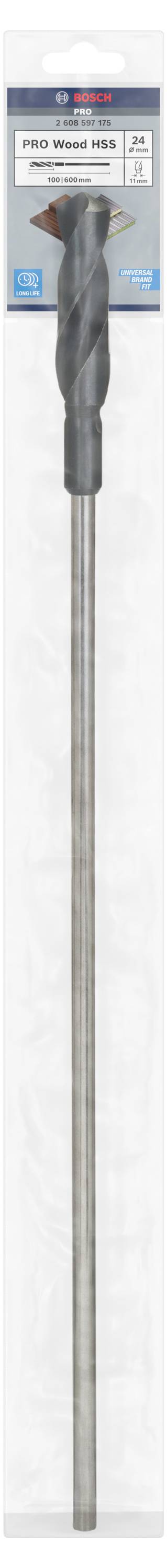 Długie wiertło ze spiralną końcówką w przezroczystym opakowaniu, odpowiednie do prac betonowych.